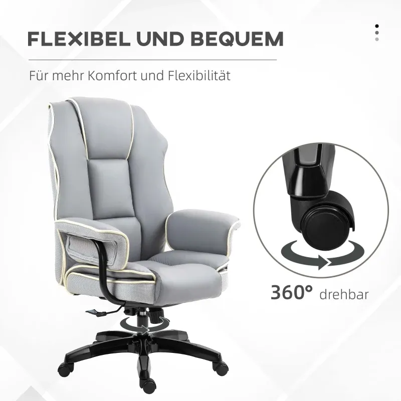 Ergonomischer Bürostuhl, extra gepolstert, Liegefunktion, Kunstleder, 76x80x118-124 cm, Hellgrau