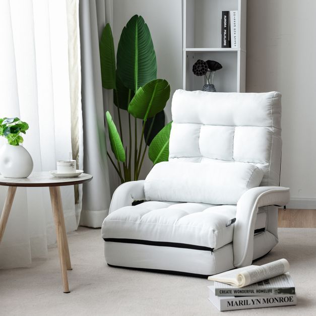 Bodenstuhl mit Schlaffunktion &amp; Verstellbarer Rückenlehne Gepolstertes Bodensofa Klappsofa Weiss