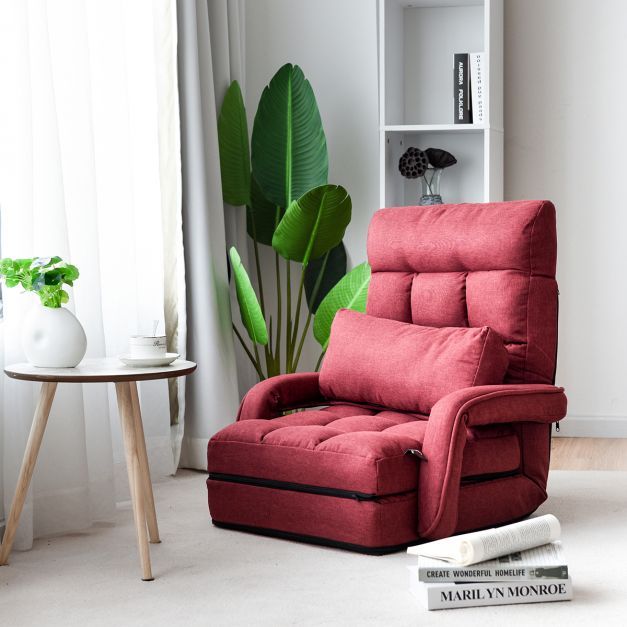 Bodenstuhl mit Schlaffunktion &amp; Verstellbarer Rückenlehne Gepolstertes Bodensofa Klappsofa Rot