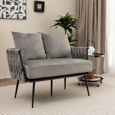 2-Sitzer Sofa aus Samt kleine Couch mit 2 Rückenkissen 109 x 61 x 65 cm Grau