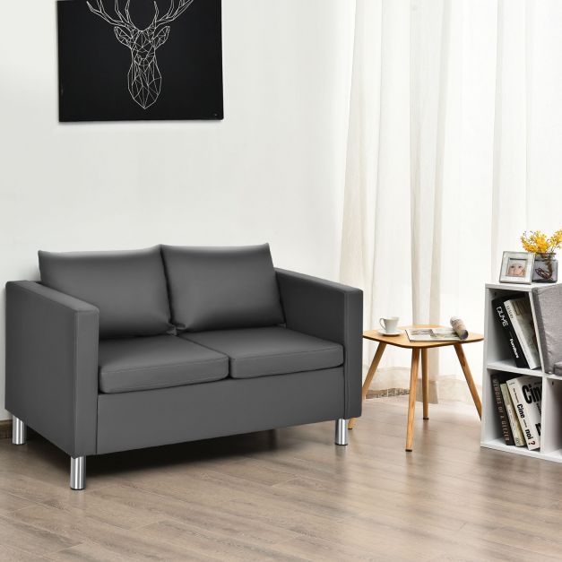 Modernes Zweisitzer-Sofa PU-Leder-Sofa mit weichem Kissen und Kautschukholzbeinen für Zuhause und Büro grau