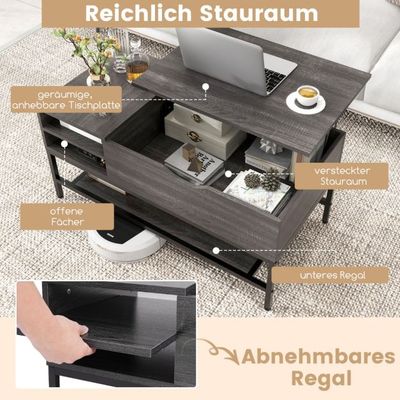Couchtisch mit anhebbarer Platte & Verstecktem Staufach Wohnzimmertisch Sofatisch grau