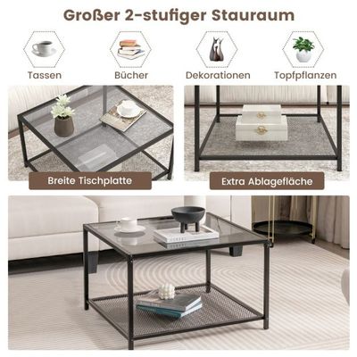 2 Ebenen Glastisch mit Stauraum & Netzregal Moderner quadratischer Kaffeetisch 70 x 70 x 45 cm Grau