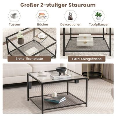 2 Ebenen Glastisch mit Stauraum & Netzregal Moderner quadratischer Kaffeetisch 70 x 70 x 45 cm, transparent