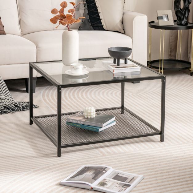 2 Ebenen Glastisch mit Stauraum &amp; Netzregal Moderner quadratischer Kaffeetisch 70 x 70 x 45 cm, transparent