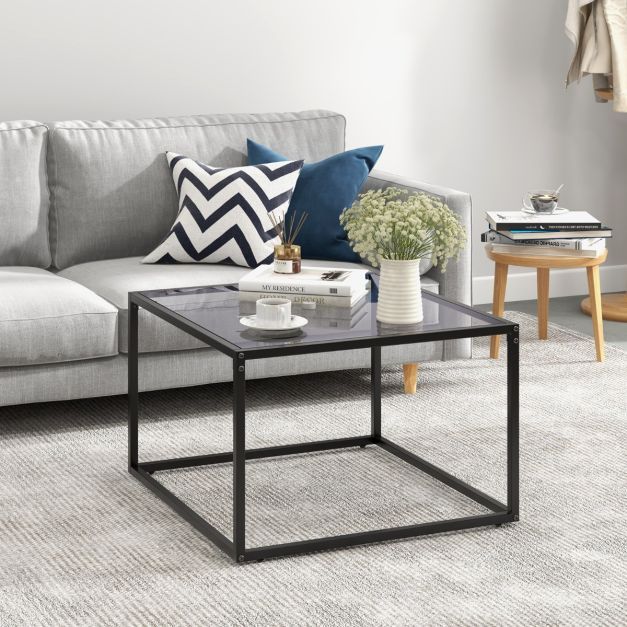 Quadratischer Glastisch mit Metallrahmen Moderner Kaffeetisch Couchtisch 70 x 70 x 45 cm /Transparent
