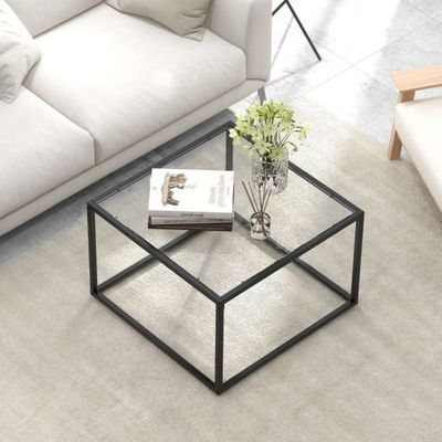 Quadratischer Glastisch mit Metallrahmen Moderner Kaffeetisch Couchtisch 70 x 70 x 45 cm /Transparent
