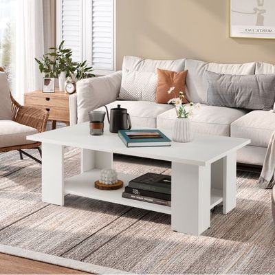2 Ebenen Couchtisch aus Holz Beistelltisch bis zu 125kg Belastbar 90 x 52 x 32 cm Weiss