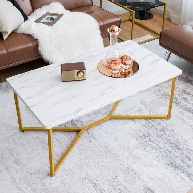 Marmor Optik Couchtisch mit Goldenem Metallgestell &amp; Verstellbaren Fusspolstern Kaffeetisch