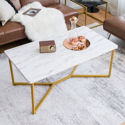 Marmor Optik Couchtisch mit Goldenem Metallgestell &amp; Verstellbaren Fusspolstern Kaffeetisch