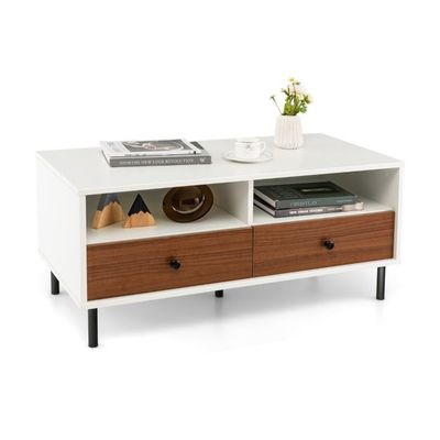 Couchtisch mit 2 Schubladen & 2 Ablagen Wohnzimmertisch rechteckig mit Stauraum 95 x 48 x 45 cm