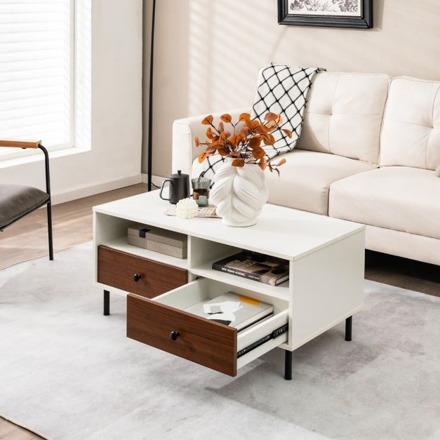 Couchtisch mit 2 Schubladen &amp; 2 Ablagen Wohnzimmertisch rechteckig mit Stauraum 95 x 48 x 45 cm
