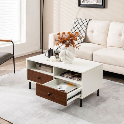 Couchtisch mit 2 Schubladen &amp; 2 Ablagen Wohnzimmertisch rechteckig mit Stauraum 95 x 48 x 45 cm