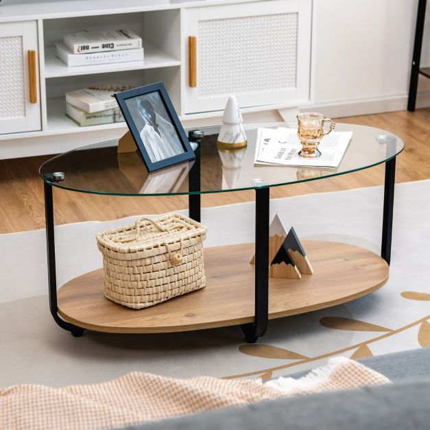 Couchtisch mit Tischplatte aus gehärtetem Glas &amp; wasserdichtem Holzregal Natur