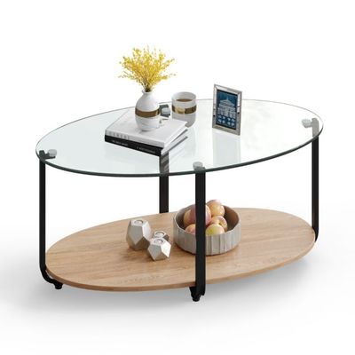 Couchtisch mit Tischplatte aus gehärtetem Glas &amp; wasserdichtem Holzregal Natur