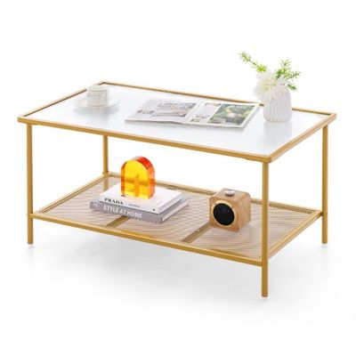 Couchtisch Glas Glastisch mit 2 Ebenen Wohnzimmertisch mit Netzregal Golden 90 x 50 x 46 cm