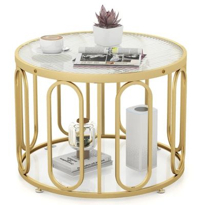 Couchtisch Rund Wohnzimmertisch mit 2 Glasplatten & Stauraum & Drehbares Metallgestell Gold 60,5 x 60,5 x 44,5 cm