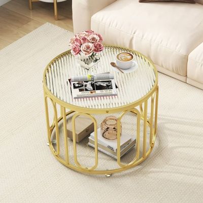 Couchtisch Rund Wohnzimmertisch mit 2 Glasplatten &amp; Stauraum &amp; Drehbares Metallgestell Gold 60,5 x 60,5 x 44,5 cm