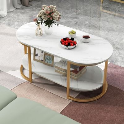 Couchtisch aus Weissem Marmor mit Goldfarbenem Metallrahmen Kaffeetisch Gold