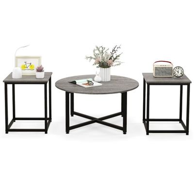 3er Set Couchtisch mit Robustem Metallrahmen Runder Kaffeetisch & 2 Quadratische Beistelltische Grau