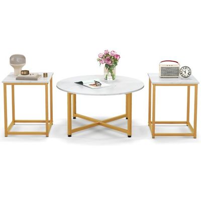 3er Set Couchtisch mit Robustem Metallrahmen Runder Kaffeetisch & 2 Quadratische Beistelltische Weiss