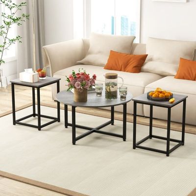 3er Set Couchtisch mit Robustem Metallrahmen Runder Kaffeetisch &amp; 2 Quadratische Beistelltische Grau