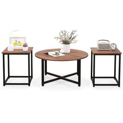 3er Set Couchtisch mit Robustem Metallrahmen Runder Kaffeetisch & 2 Quadratische Beistelltische Braun
