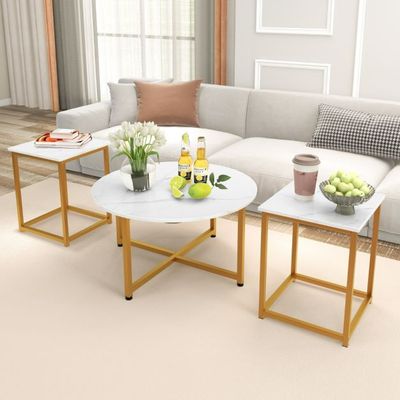 3er Set Couchtisch mit Robustem Metallrahmen Runder Kaffeetisch &amp; 2 Quadratische Beistelltische Weiss