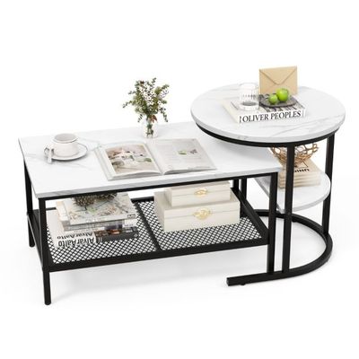 Kombinierbare Couchtische 2-teiliges Kaffeetisch-Set mit Kunstmarmorplatte Weiss und Schwarz