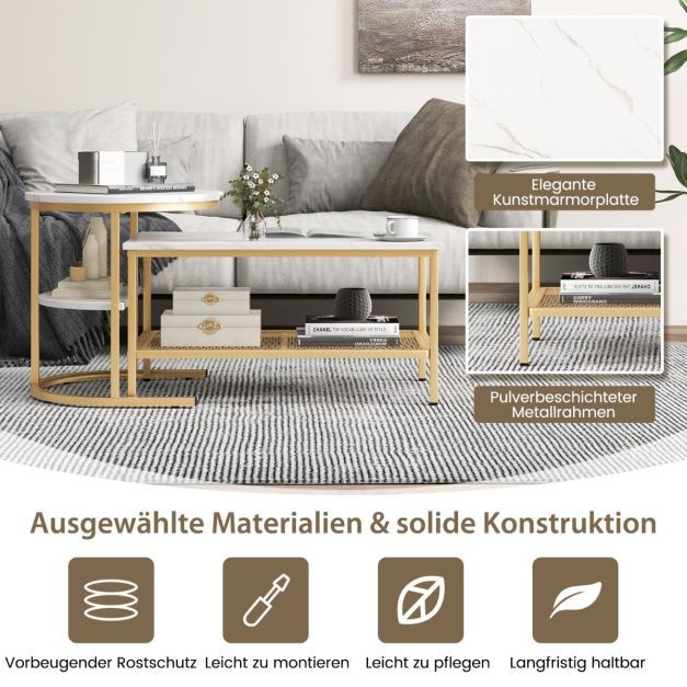2er Set Couchtisch Beistelltisch Marmor Optik mit Metallrahmen &amp; Ablage Gold und Weiss