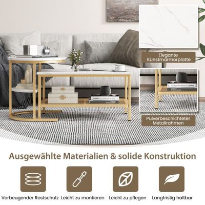 2er Set Couchtisch Beistelltisch Marmor Optik mit Metallrahmen &amp; Ablage Gold und Weiss