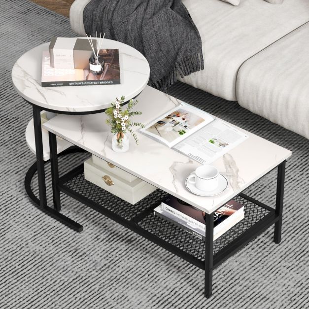 Kombinierbare Couchtische 2-teiliges Kaffeetisch-Set mit Kunstmarmorplatte Weiss und Schwarz