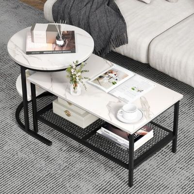 Kombinierbare Couchtische 2-teiliges Kaffeetisch-Set mit Kunstmarmorplatte Weiss und Schwarz