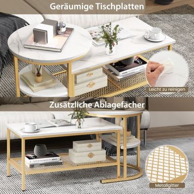 2er Set Couchtisch Beistelltisch Marmor Optik mit Metallrahmen &amp; Ablage Gold und Weiss