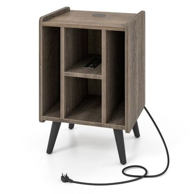 Plattenspieler-Ständer mit Ladestation & 4 Offenen Ablagen Vinylplatten Schallplattenständer, Grau