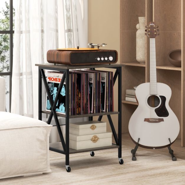 Beistelltisch mit Ladestation &amp; Trennwand Rollständer Plattenspielerständer CD Rollschrank, Rustikalbraun