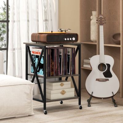 Beistelltisch mit Ladestation &amp; Trennwand Rollständer Plattenspielerständer CD Rollschrank, Rustikalbraun