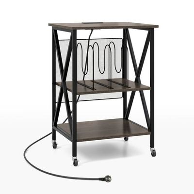Beistelltisch mit Ladestation & Trennwand Rollständer Plattenspielerständer CD Rollschrank, grau