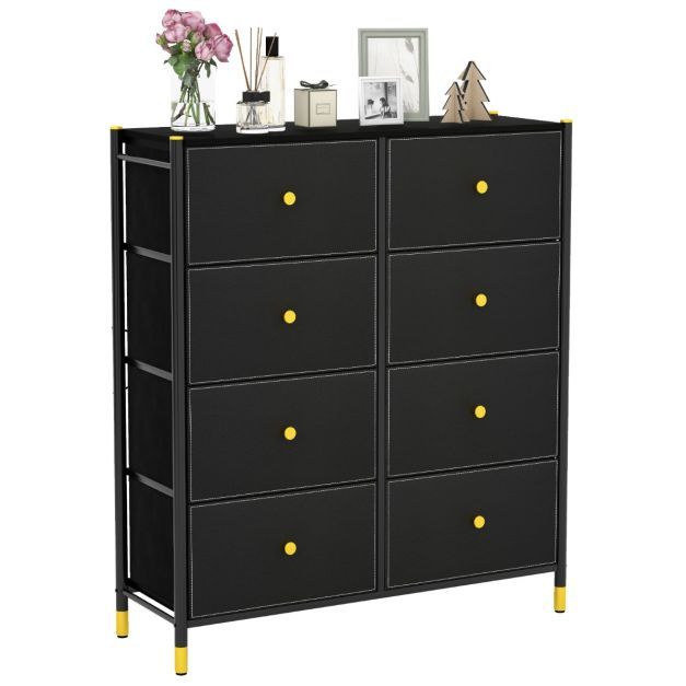 Kommode für Schlafzimmer mit 8 Schubladen hohe Stoffkommode mit Metallrahmen 89 x 30 x 98 cm Schwarz