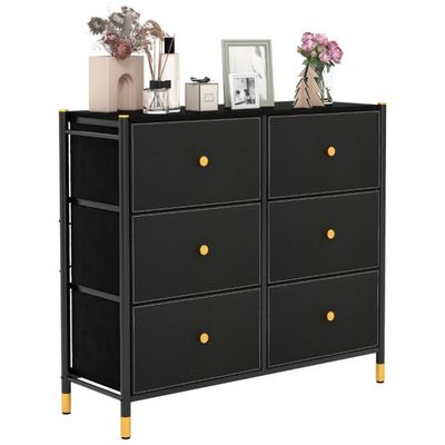 Kommode für Schlafzimmer mit 6 Schubladen hohe Stoffkommode mit Metallrahmen 89 x 30 x 76,5 cm Schwarz