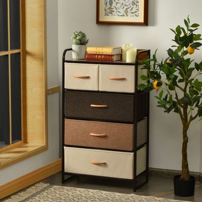 Schubladenschrank mit 5 Stoffschubladen &amp; Stahlrahmen &amp; Holzoberfläche Kommode, braun