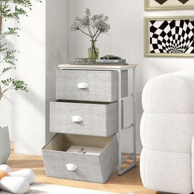 Kommode mit 3 Schubladen Stoffkommode mit Metallgestell &amp; Tischplatte 45 x 30 x 73 cm Weiss + Hellgrau