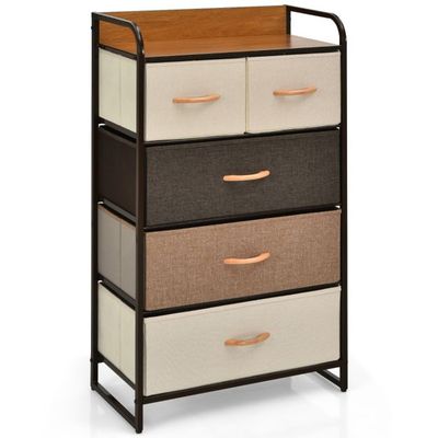 Schubladenschrank mit 5 Stoffschubladen & Stahlrahmen & Holzoberfläche Kommode, braun