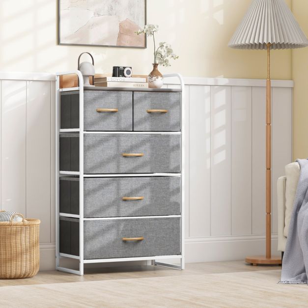 Schubladenschrank mit 5 Stoffschubladen &amp; Stahlrahmen &amp; Holzoberfläche Kommode, grau