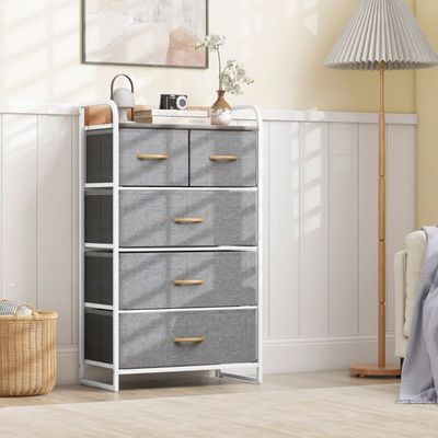 Schubladenschrank mit 5 Stoffschubladen &amp; Stahlrahmen &amp; Holzoberfläche Kommode, grau