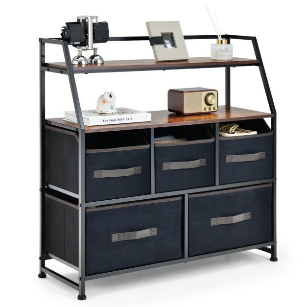 5 Schubladen Sideboard mit Stoffschubladen Stoffkommode mit Ablage &amp; Kippsicherung 84 x 30 x 85 cm