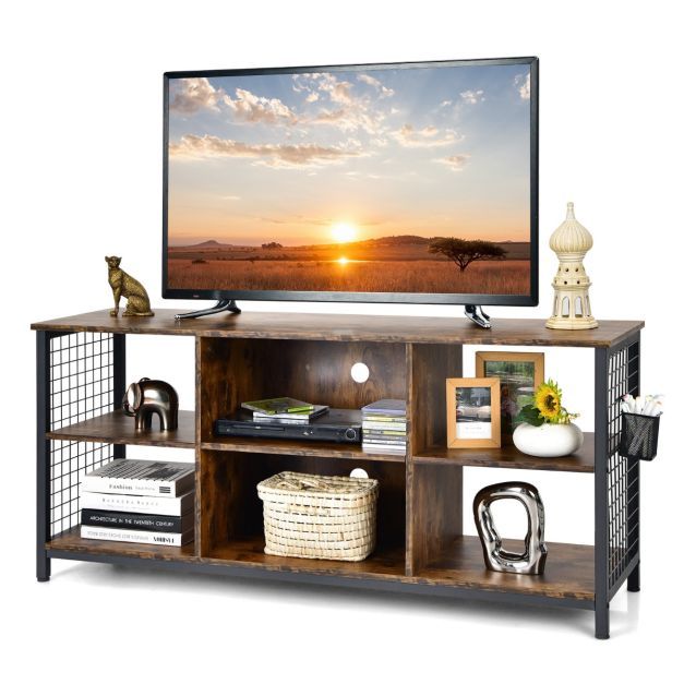 TV-Schrank Lowboard mit offenen Fächern TV-Regal für Fernseher bis 65 Zoll 140 x 40 x 62,5 cm Rustikales Braun
