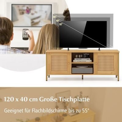 TV-Schrank Boho Lowboard mit 2 Türen und offenen Regalen TV Ständer für Fernseher bis 55 Zoll 120 x 40 x 48 cm
