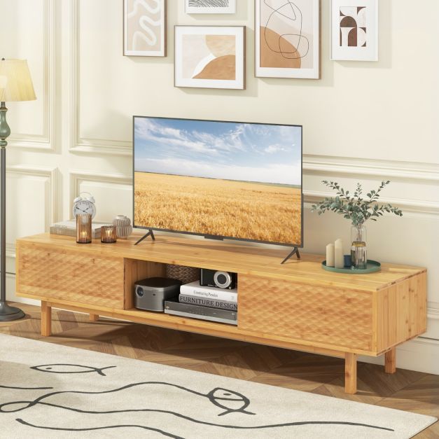 Bambus TV Schrank mit 3 Separaten Schränken &amp; 2 Schiebetüren für TVs bis 70 Zoll Fernsehschrank