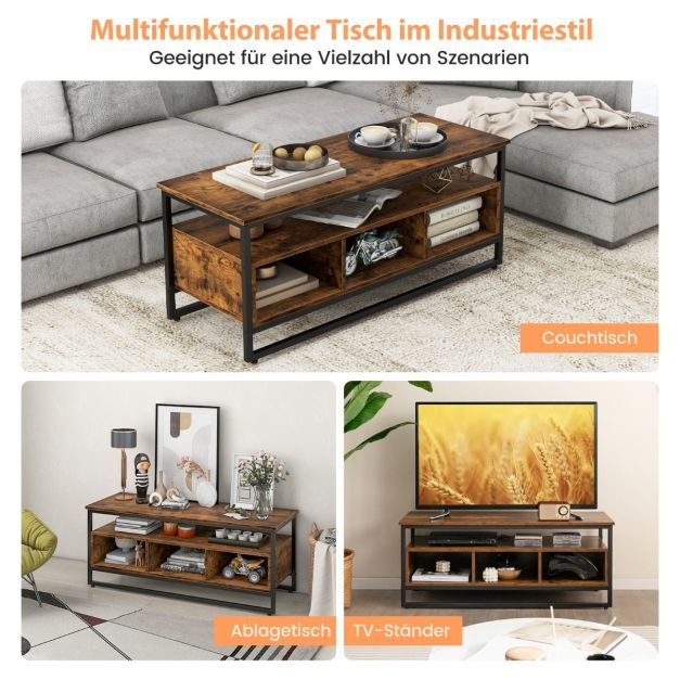 Couchtisch mit Stauraum Industrieller Tisch mit Offenen Regalen 110 x 42,5 x 45 cm Rustikales Braun